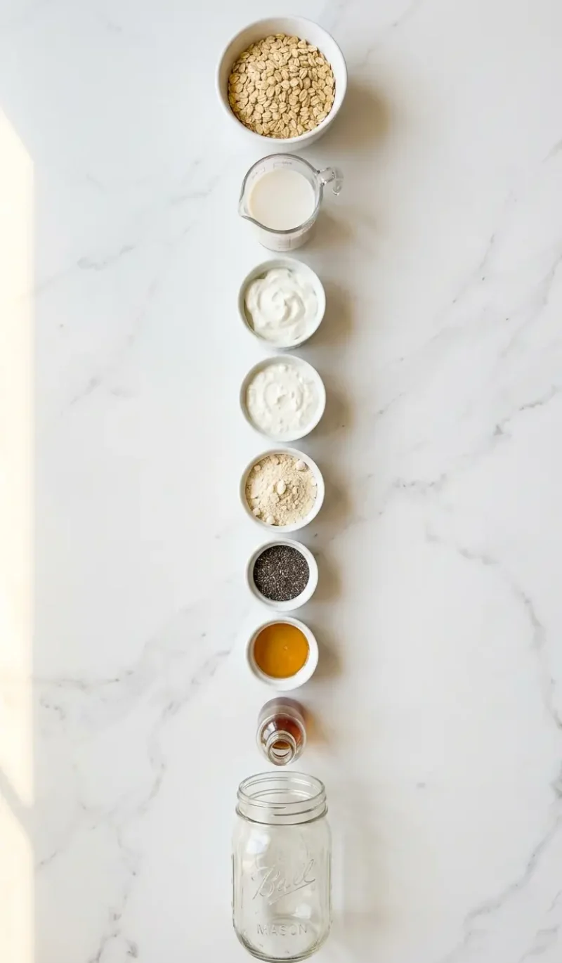 exploded view of all 9 ingredients for high-protein overnight oats on white marble