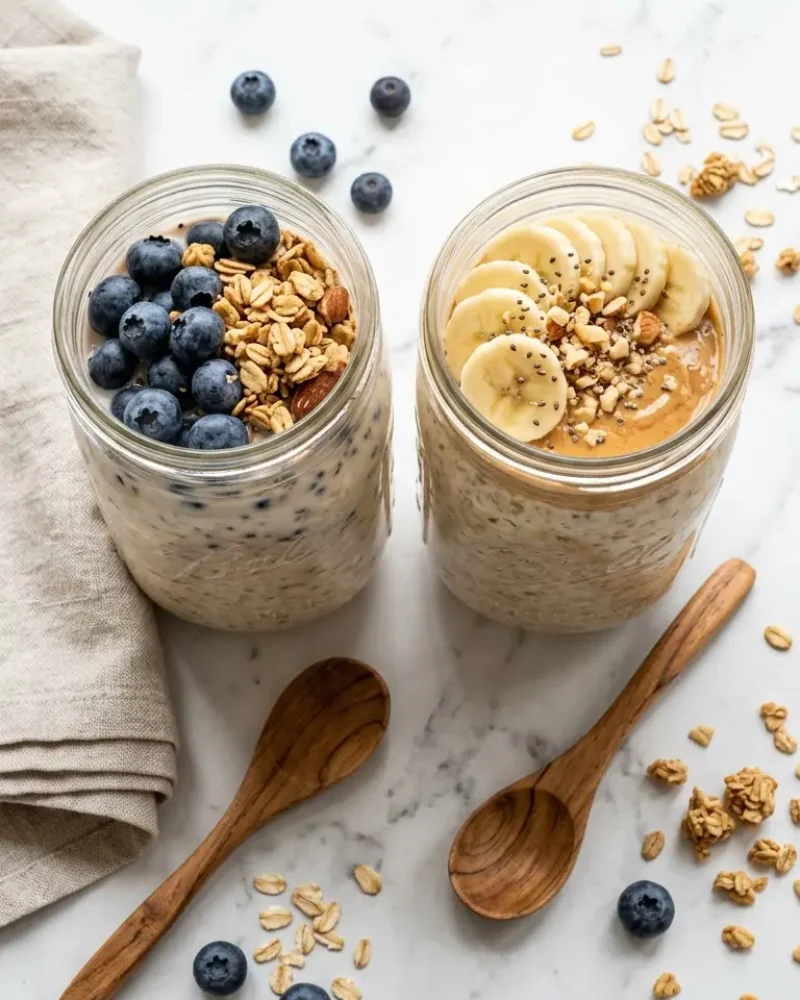 overhead view of two jars of high-protein overnight oats with fruit and nut butter toppings