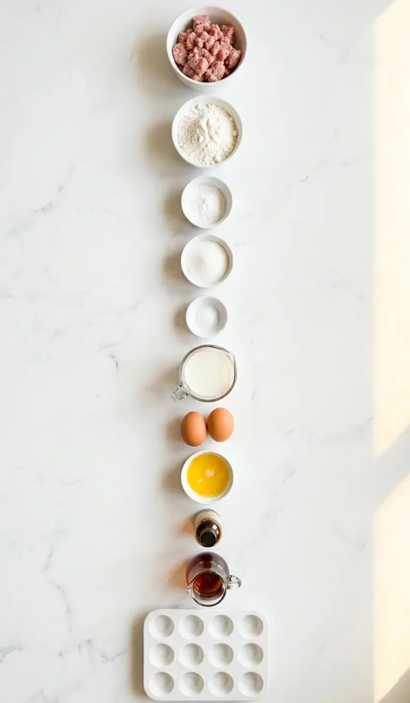 Exploded view of all 10 ingredients for high-protein pancake sausage mini muffins arranged vertically on white marble