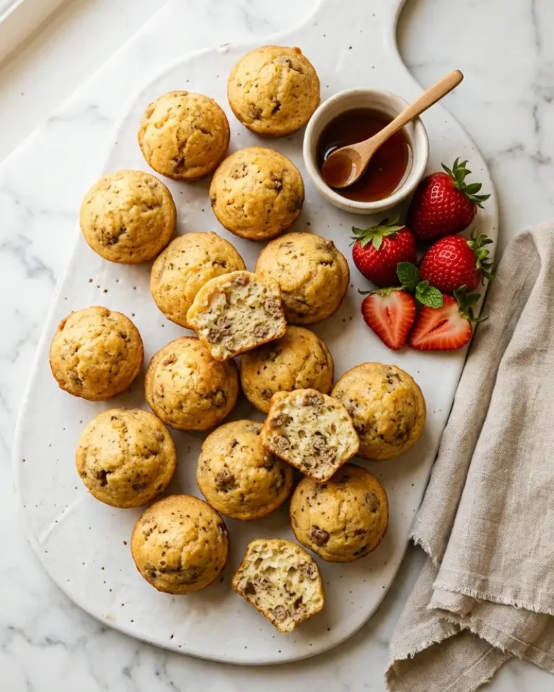 overhead view of high-protein pancake sausage mini muffins on serving board with maple syrup and berries