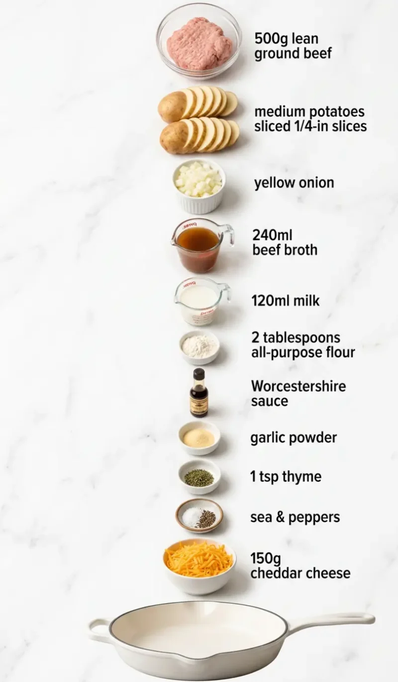 Exploded view of all 11 ingredients for Hobo Casserole Ground Beef Recipe Easy arranged vertically on white marble