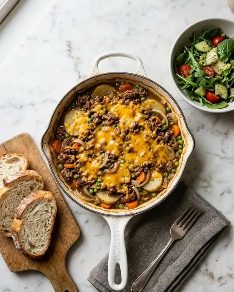 Overhead view of Hobo Casserole Ground Beef Recipe Easy with side salad and bread