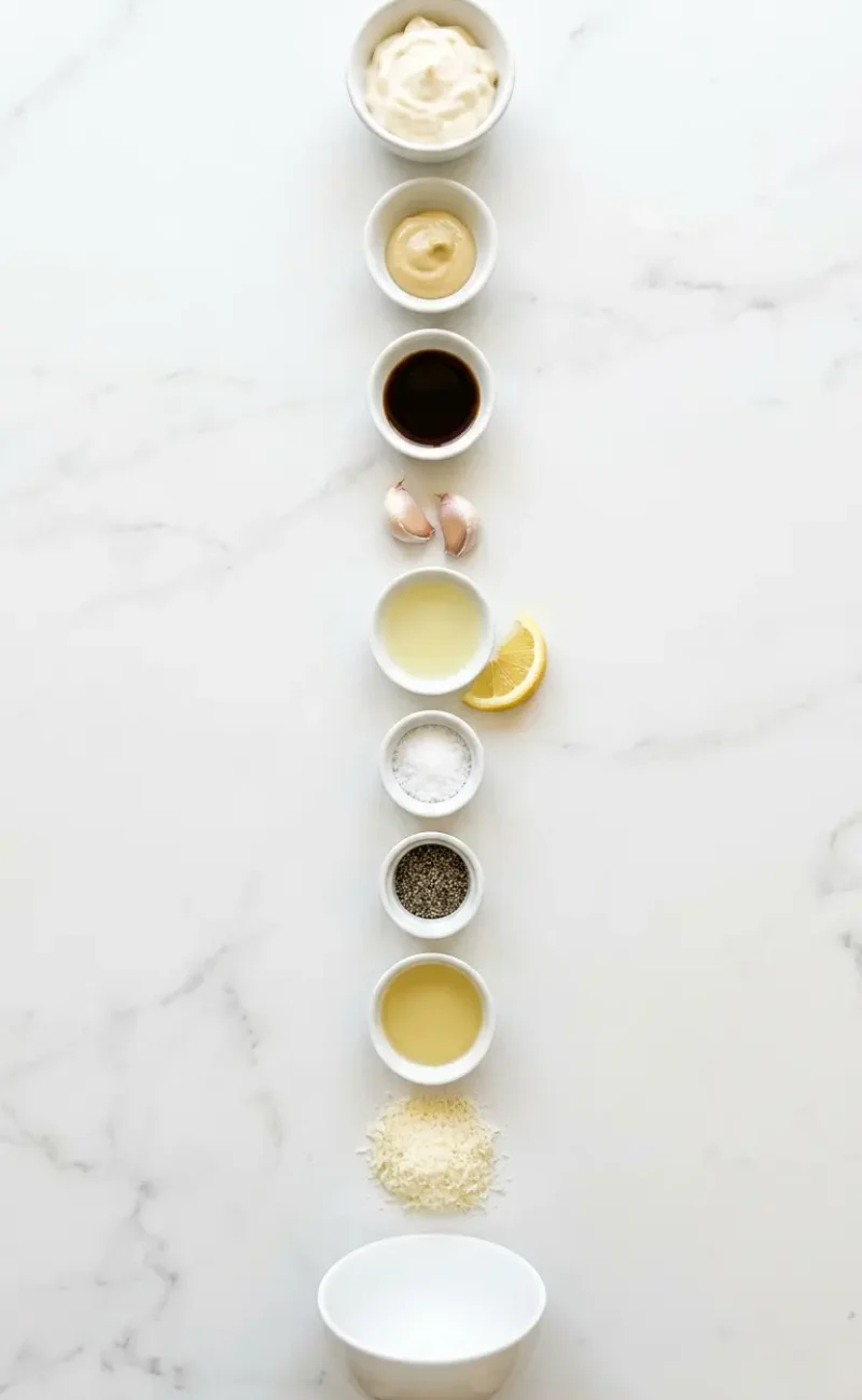 Exploded view of all 9 ingredients for homemade Caesar dressing arranged vertically on white marble