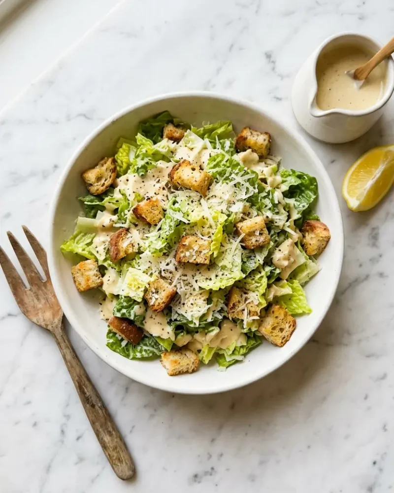 Overhead view of a Caesar salad dressed with homemade Caesar dressing with Parmesan and croutons