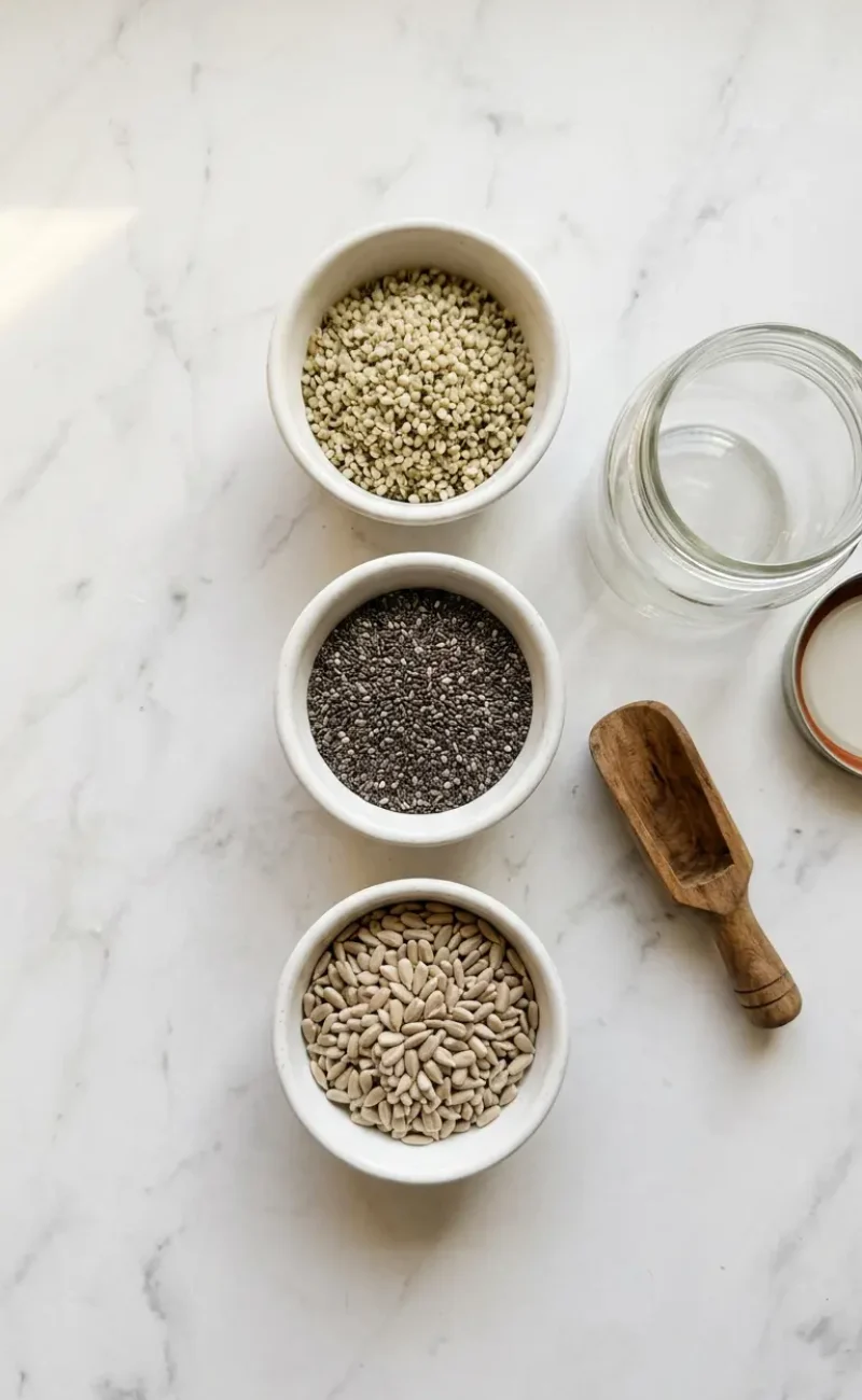 Overhead flatlay of all homemade protein powder ingredients in white bowls on white marble