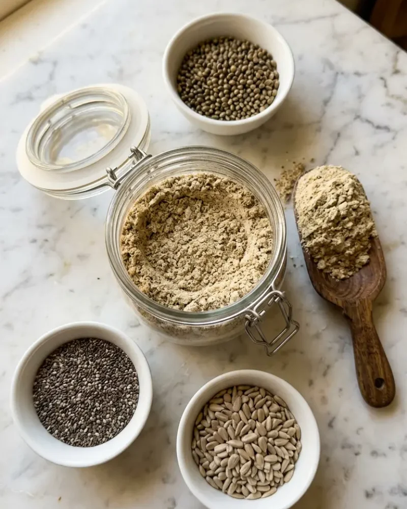 Overhead view of homemade protein powder in glass jar surrounded by whole seed ingredients