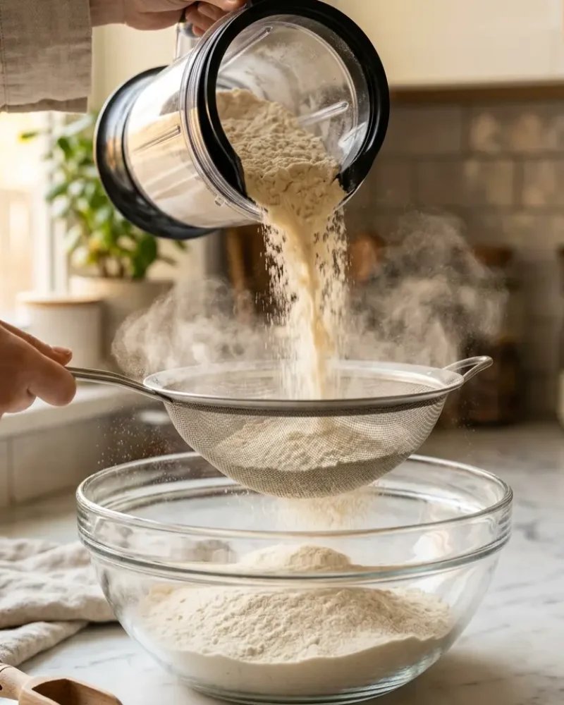 Blended homemade protein powder being sifted through a fine mesh sieve into a bowl