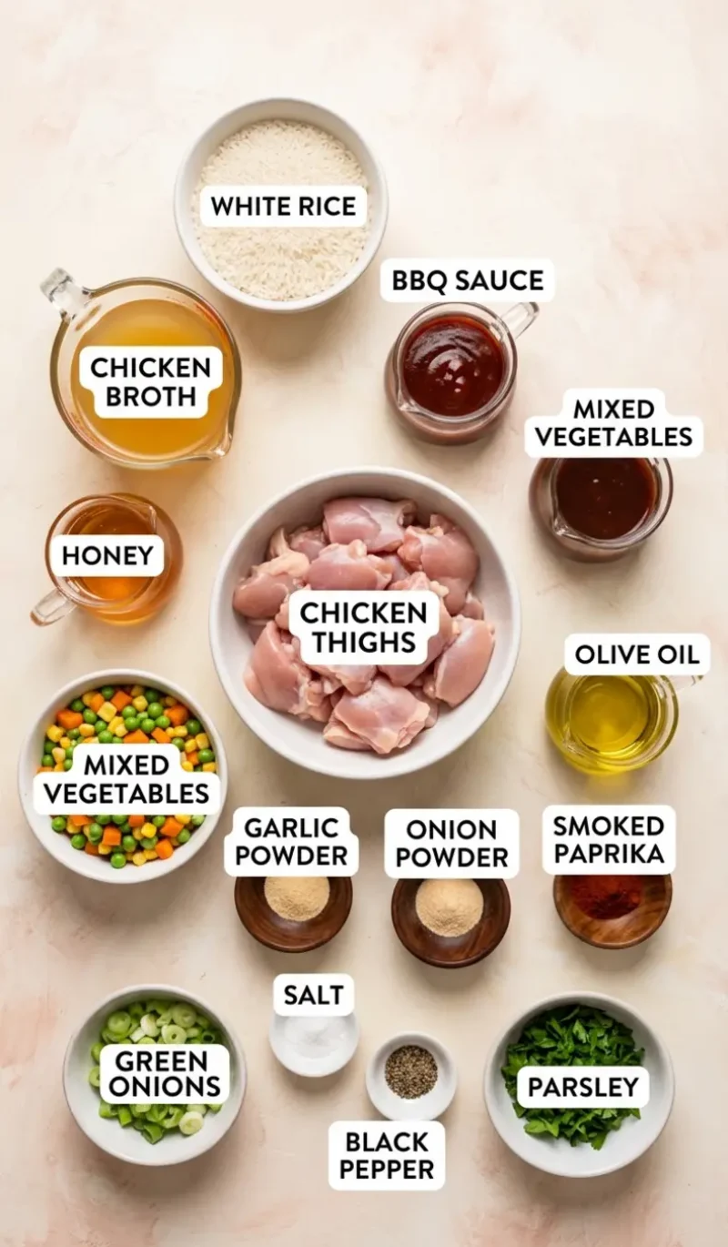 Labelled overhead flatlay of all 14 ingredients for Honey BBQ Chicken and Rice on a cream and blush plaster surface, each ingredient named