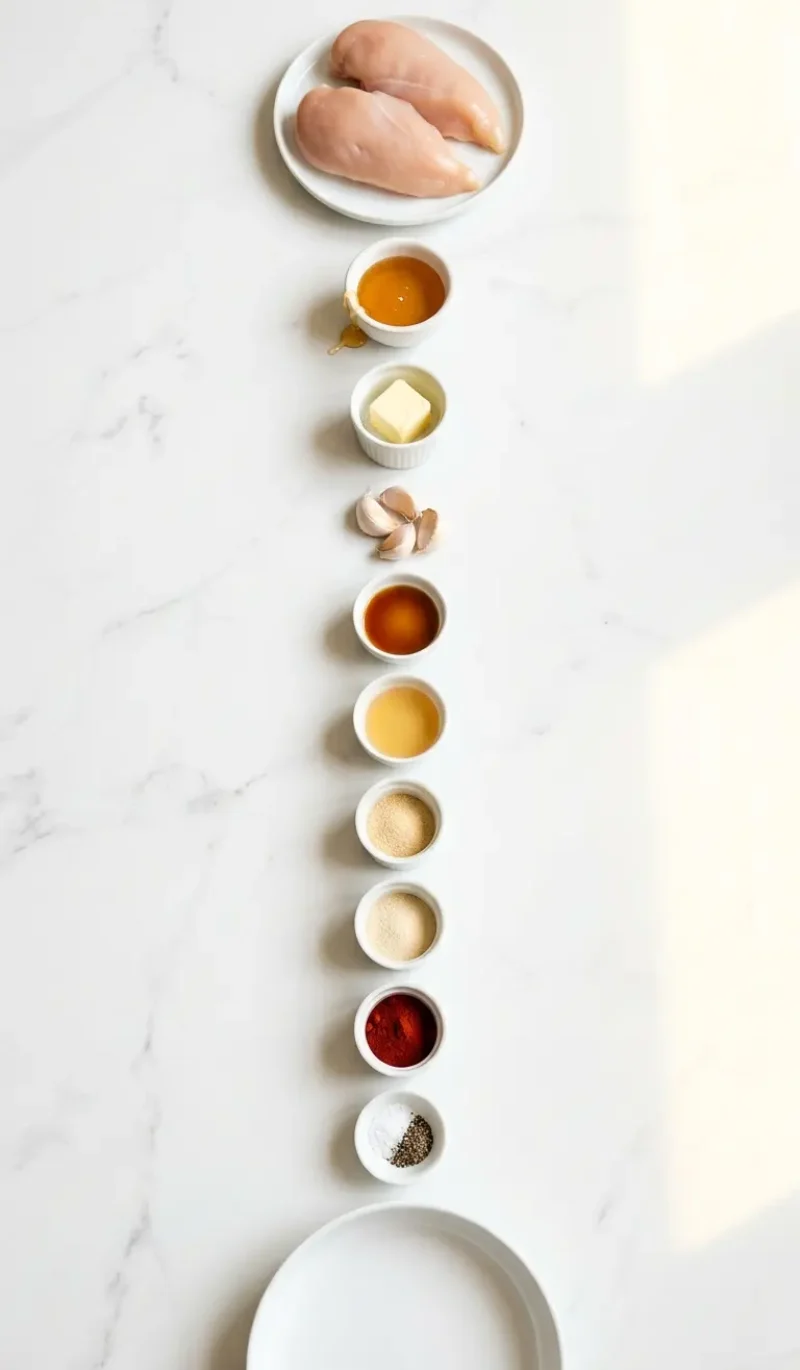 Exploded view of all 11 ingredients for honey butter chicken arranged vertically on white marble