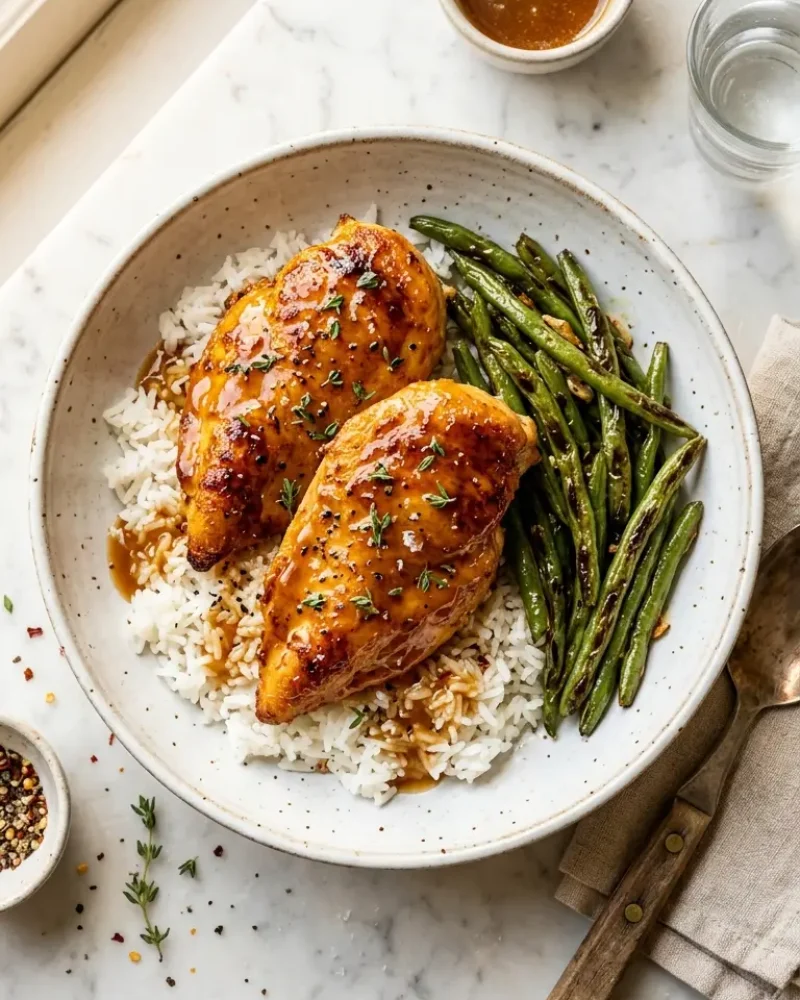 overhead view of sliced honey butter chicken over jasmine rice with honey garlic glaze and green beans