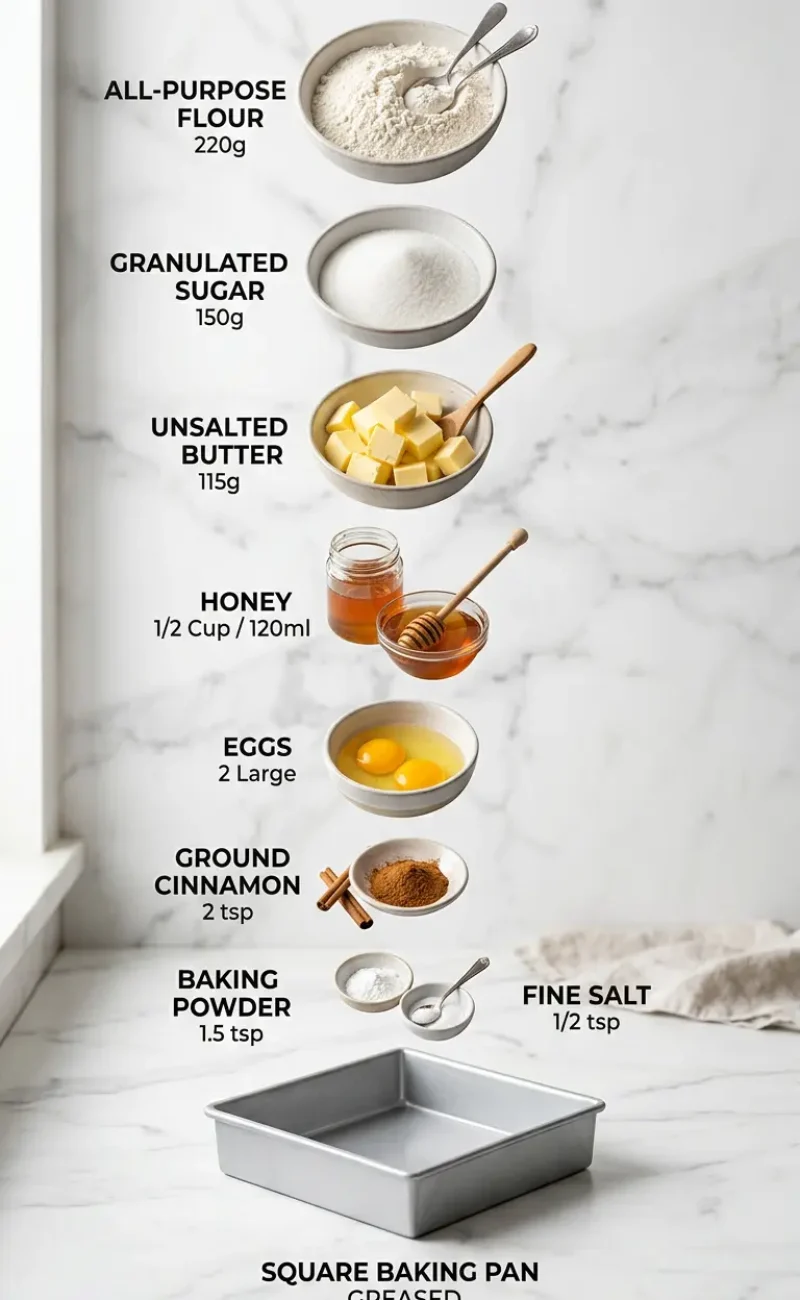 Exploded view of all ingredients for honey cinnamon dessert arranged vertically
