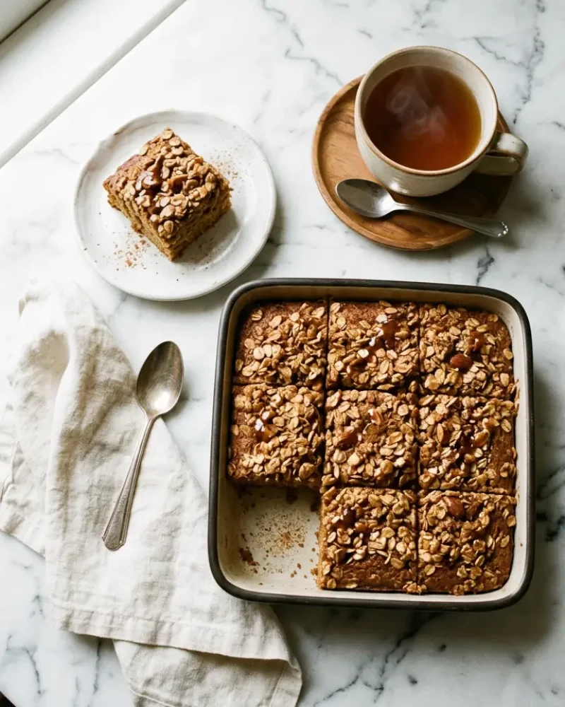 Overhead view of honey cinnamon dessert with tea and cozy setting