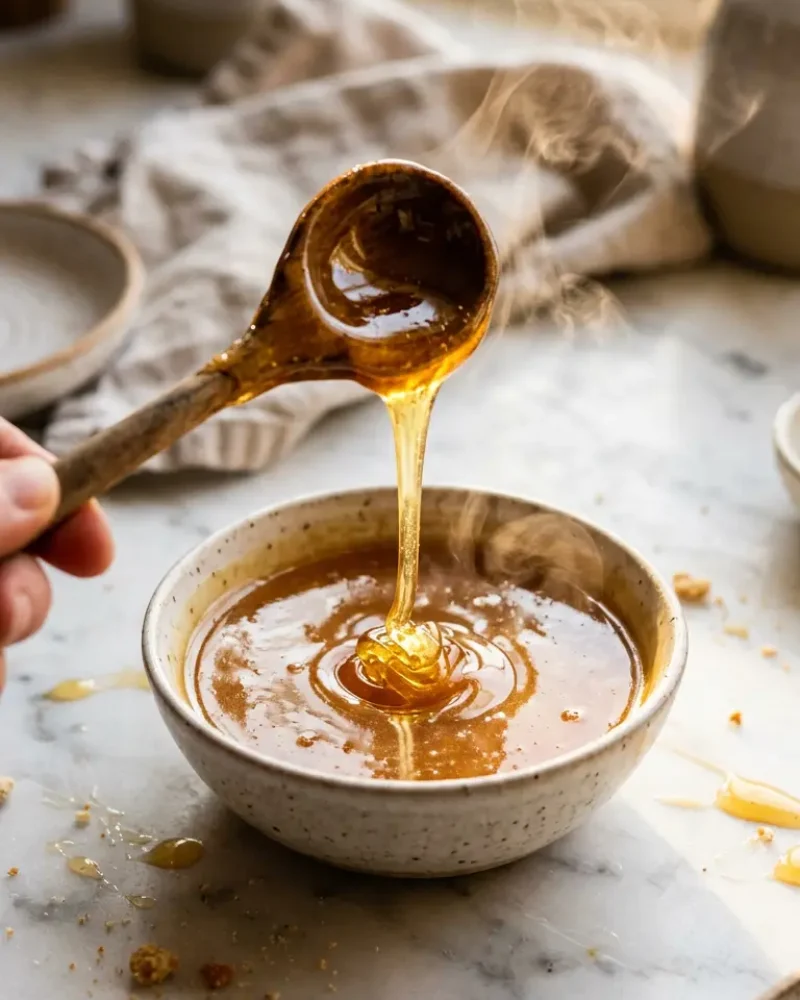 Honey being drizzled over warm dessert during glazing step