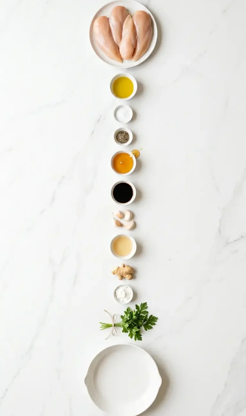Exploded view of all 11 ingredients for honey garlic chicken breasts arranged vertically on white marble