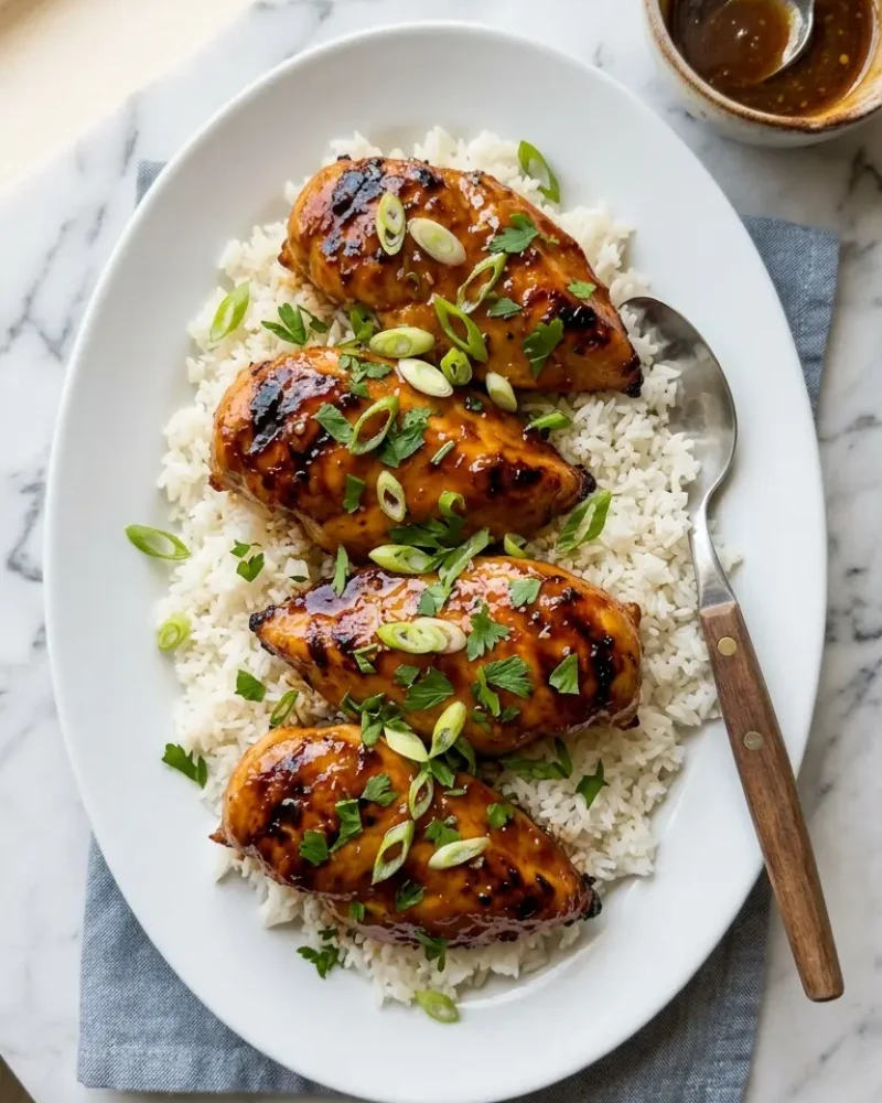 Overhead view of honey garlic chicken breasts served on white platter with rice and green onion garnish