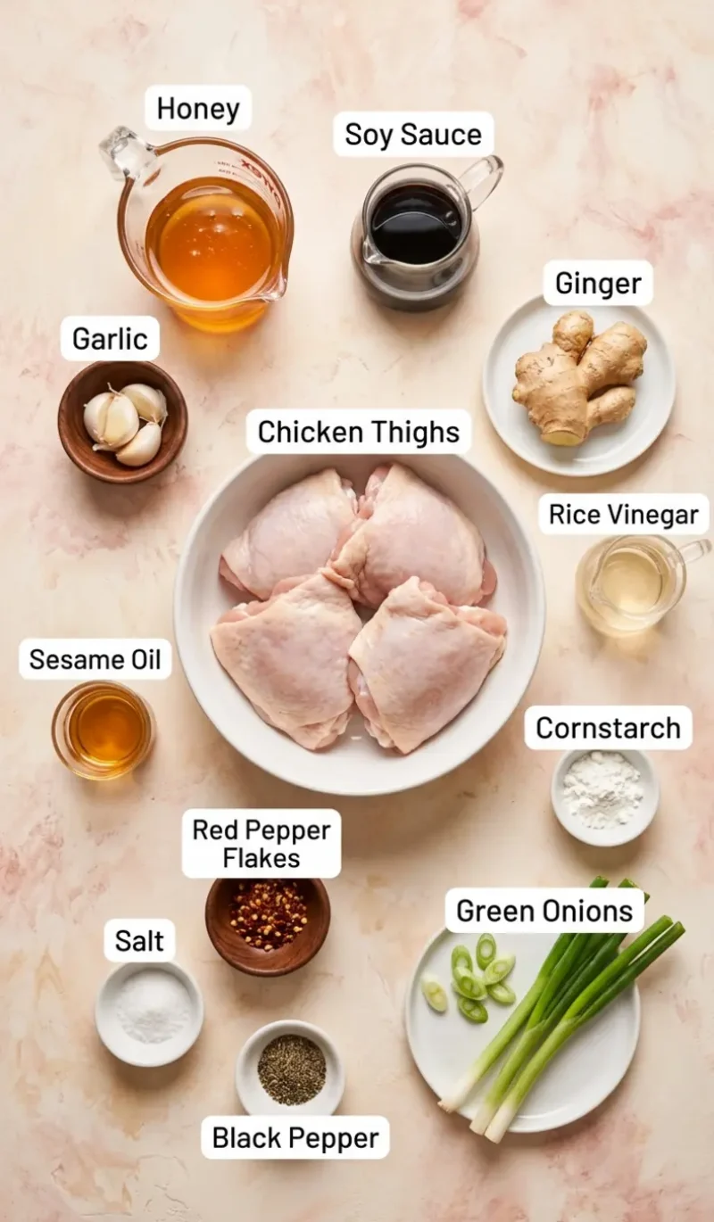all 12 ingredients for sticky honey garlic chicken thighs arranged on a cream and blush plaster surface