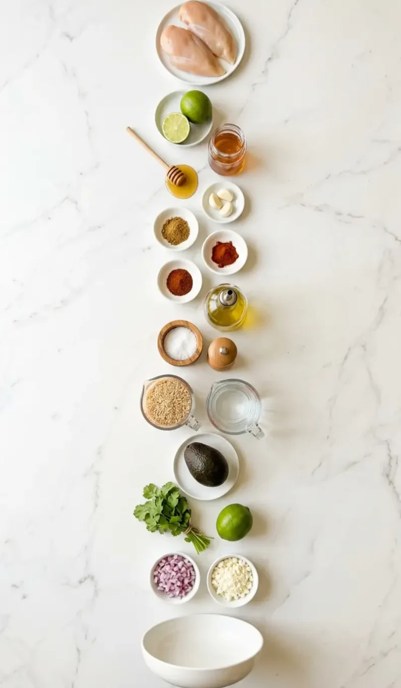 Exploded view of all 16 ingredients for Honey Lime Chicken & Avocado Rice Bowl arranged vertically on white marble