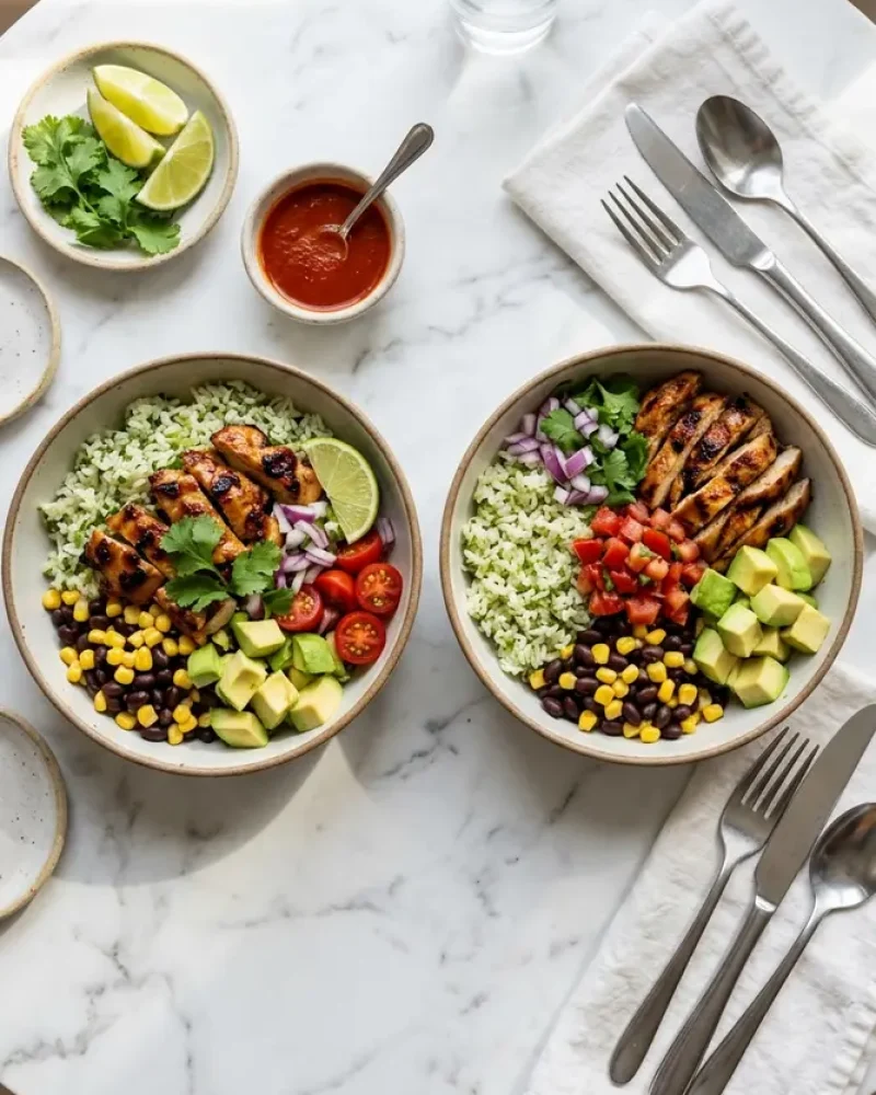 Overhead view of two Honey Lime Chicken & Avocado Rice Bowls with lime wedges and hot sauce
