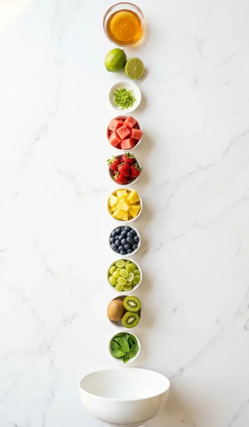 all 10 ingredients for honey lime fruit salad arranged vertically on white marble