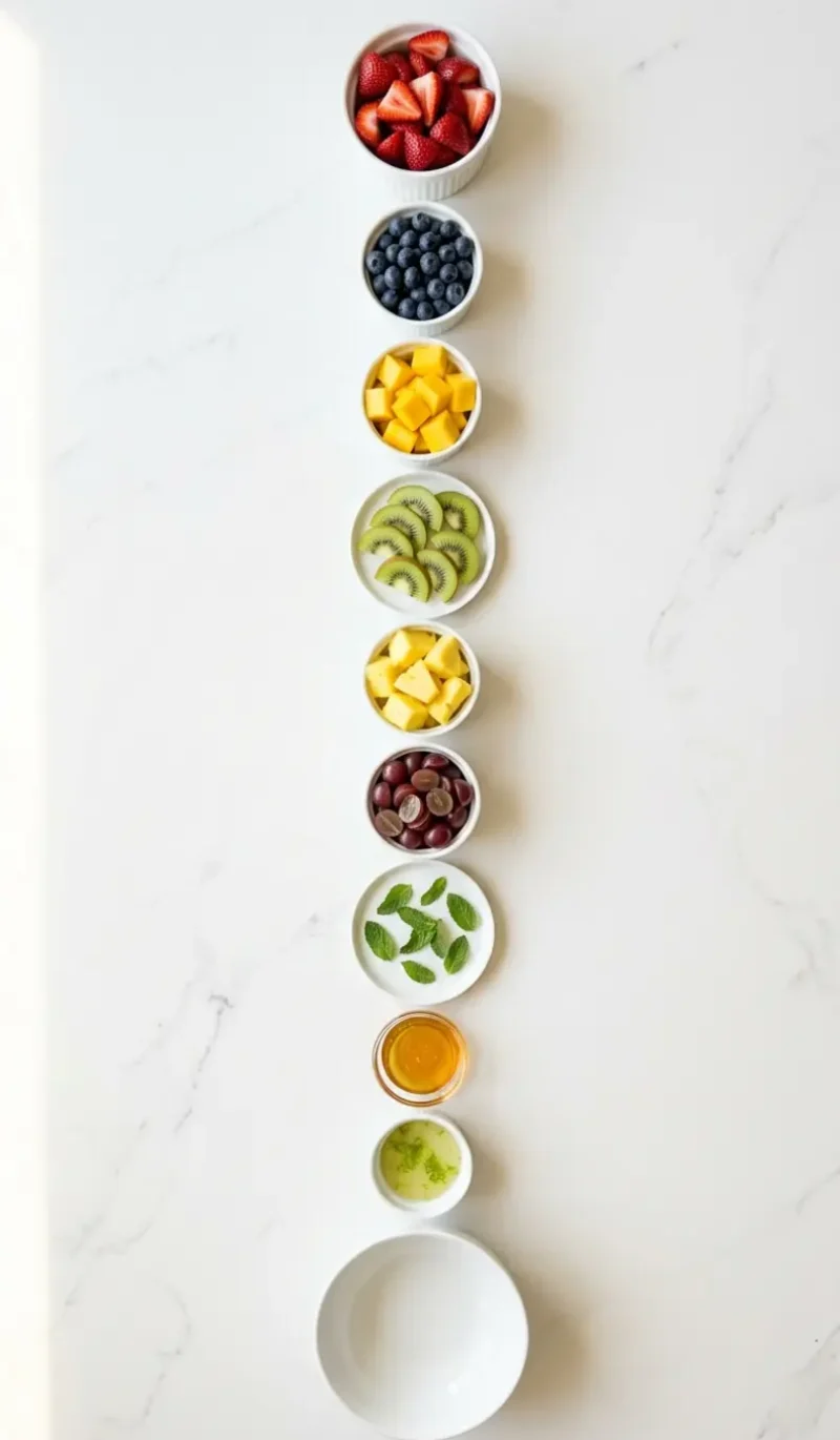Exploded view of all 9 ingredients for Honey Lime Rainbow Fruit Salad arranged vertically on white marble