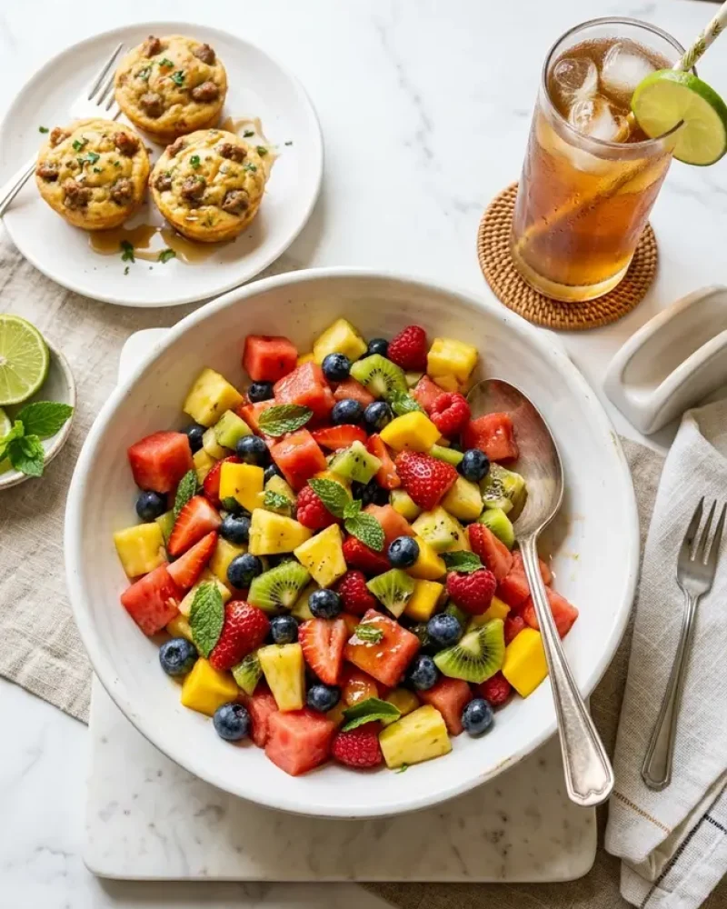 overhead view of honey lime fruit salad with muffins and iced tea on white marble