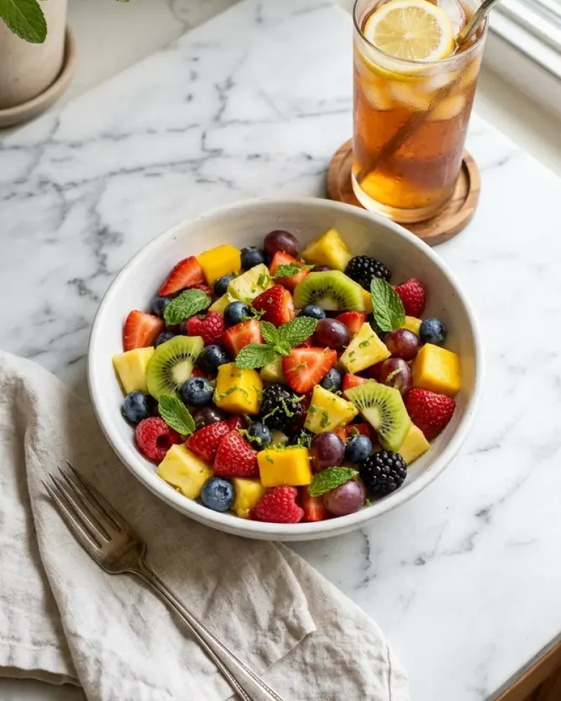 Overhead view of Honey Lime Rainbow Fruit Salad with iced tea and fork