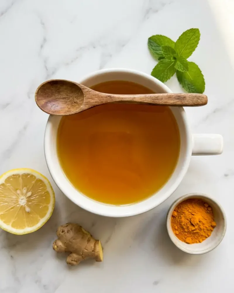 Overhead view of honey trick recipe tonic in white mug with lemon, ginger, and turmeric on marble