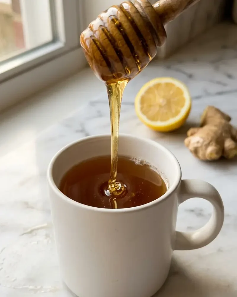 Golden honey being drizzled from a wooden dipper into a mug during honey trick recipe preparation