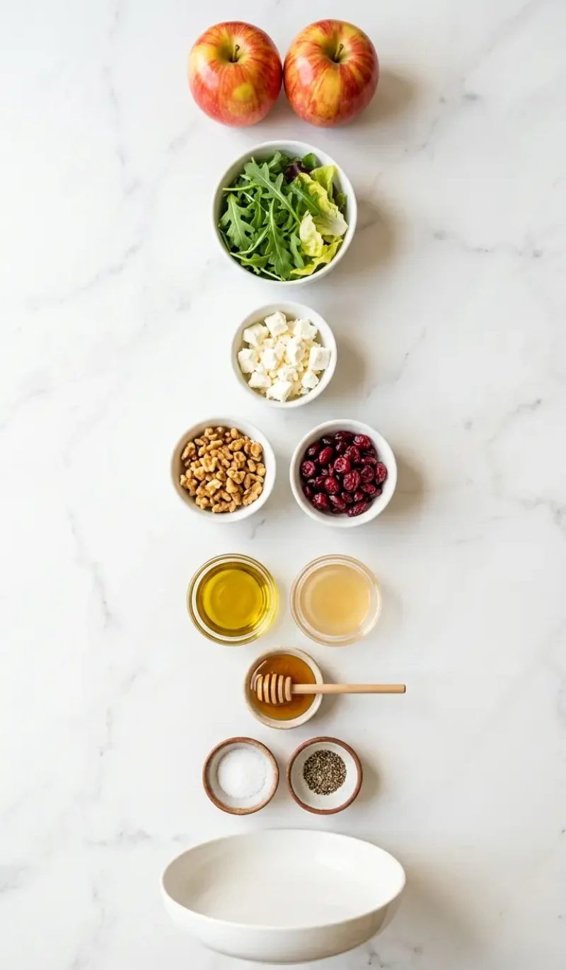 Exploded view of all 9 ingredients for honeycrisp apple feta salad arranged vertically on white marble