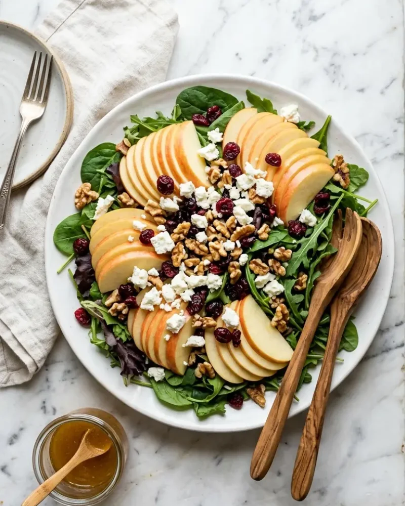overhead view of honeycrisp apple feta salad on a white platter with walnut and cranberry topping