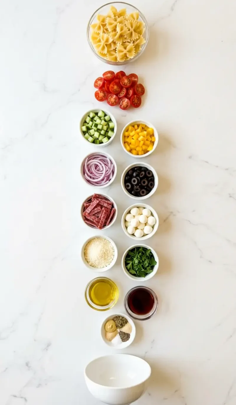 Exploded view of all 14 ingredients for Italian Bow Tie Pasta Salad arranged vertically on white marble