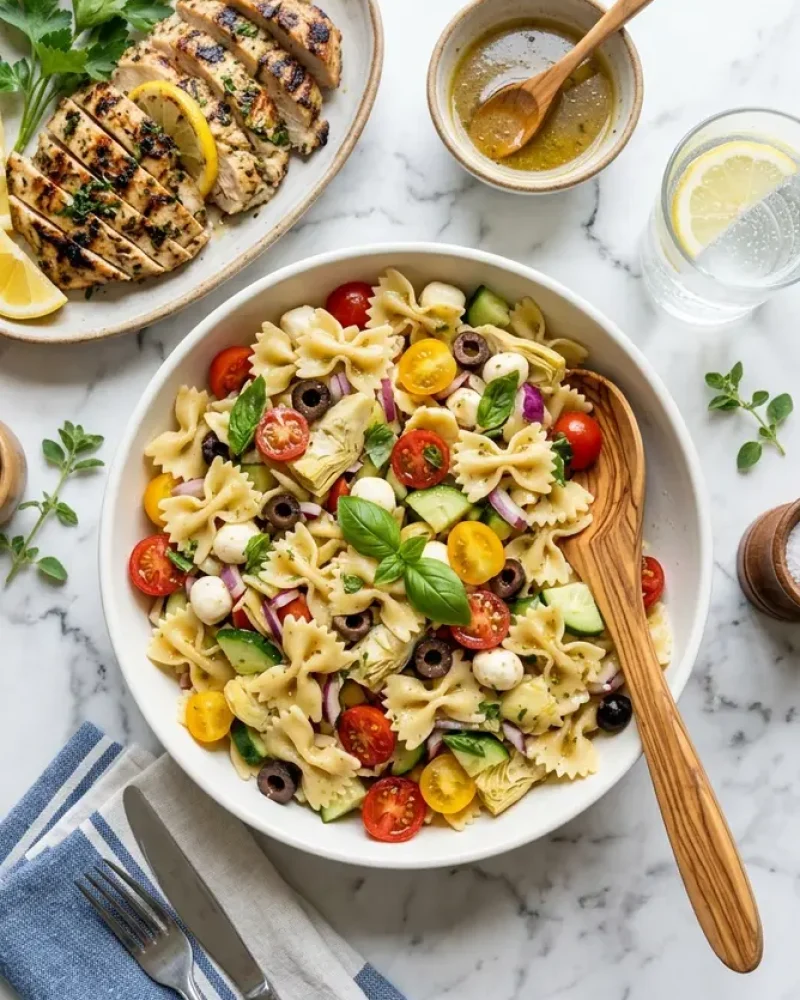 Overhead view of Italian Bow Tie Pasta Salad with grilled chicken and extra dressing on white marble