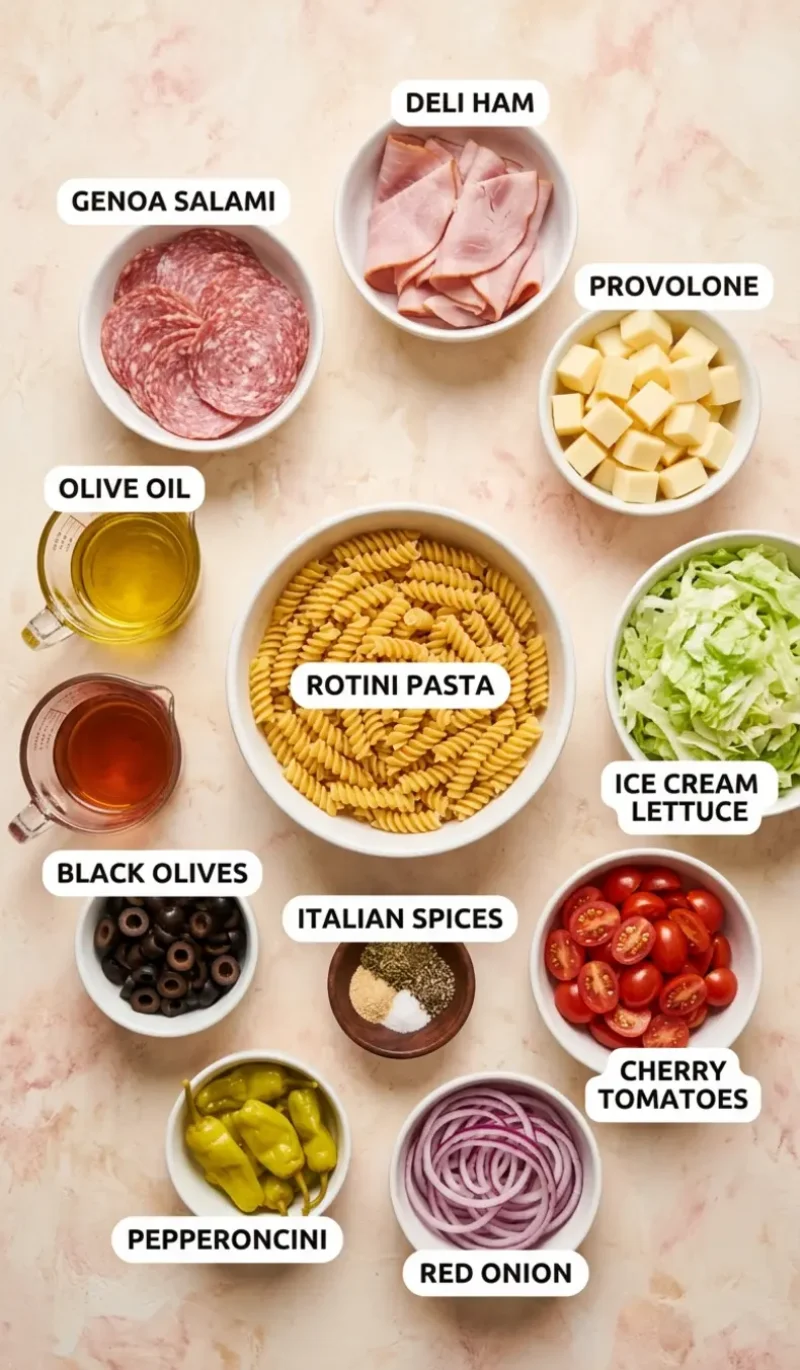 Labelled overhead flatlay of all 12 ingredients for Italian Grinder Pasta Salad on a cream and blush plaster surface, each ingredient named