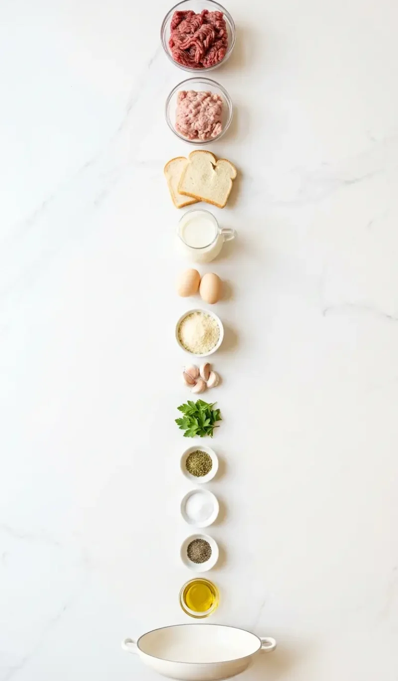 Exploded view of all 13 ingredients for melt-in-your-mouth Italian meatballs arranged vertically on white marble