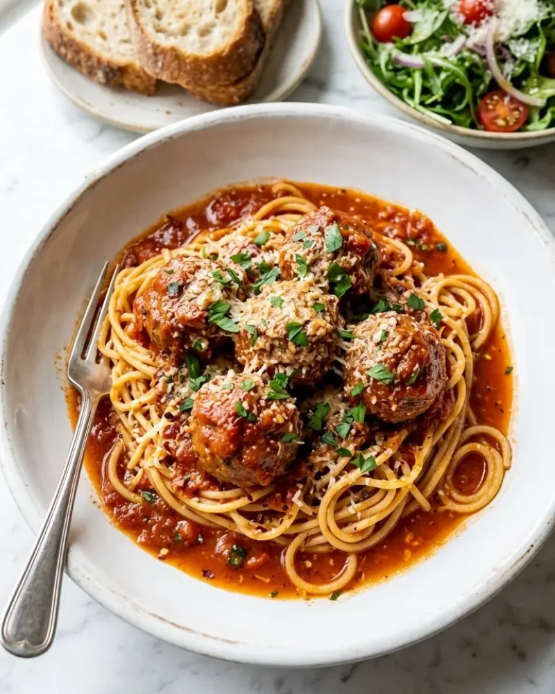 overhead view of melt-in-your-mouth Italian meatballs over spaghetti with crusty bread and salad