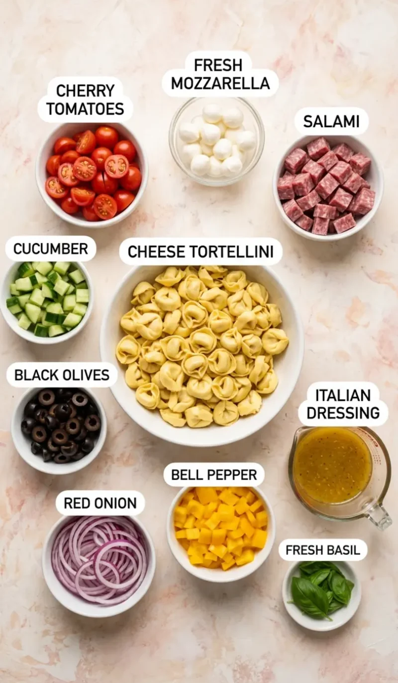 Labelled overhead flatlay of all 10 ingredients for Italian Tortellini Pasta Salad on a cream and blush plaster surface