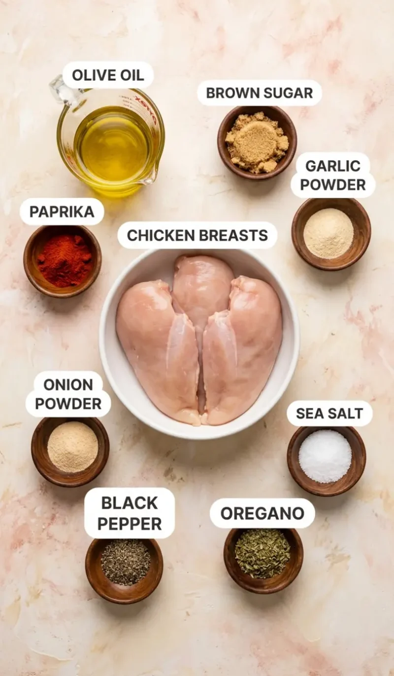 Labelled overhead flatlay of all 9 ingredients for Juicy Oven Baked Chicken Breast on a cream and blush plaster surface, each ingredient named