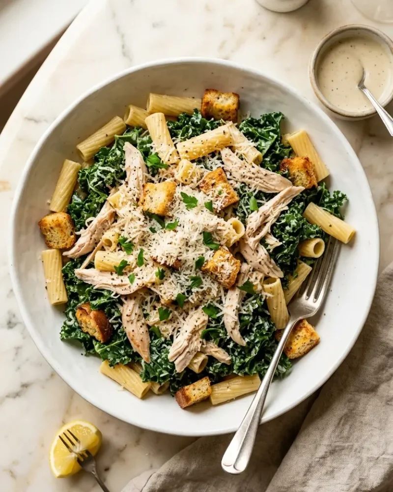 overhead view of high-protein kale chicken caesar pasta salad with croutons parmesan and lemon