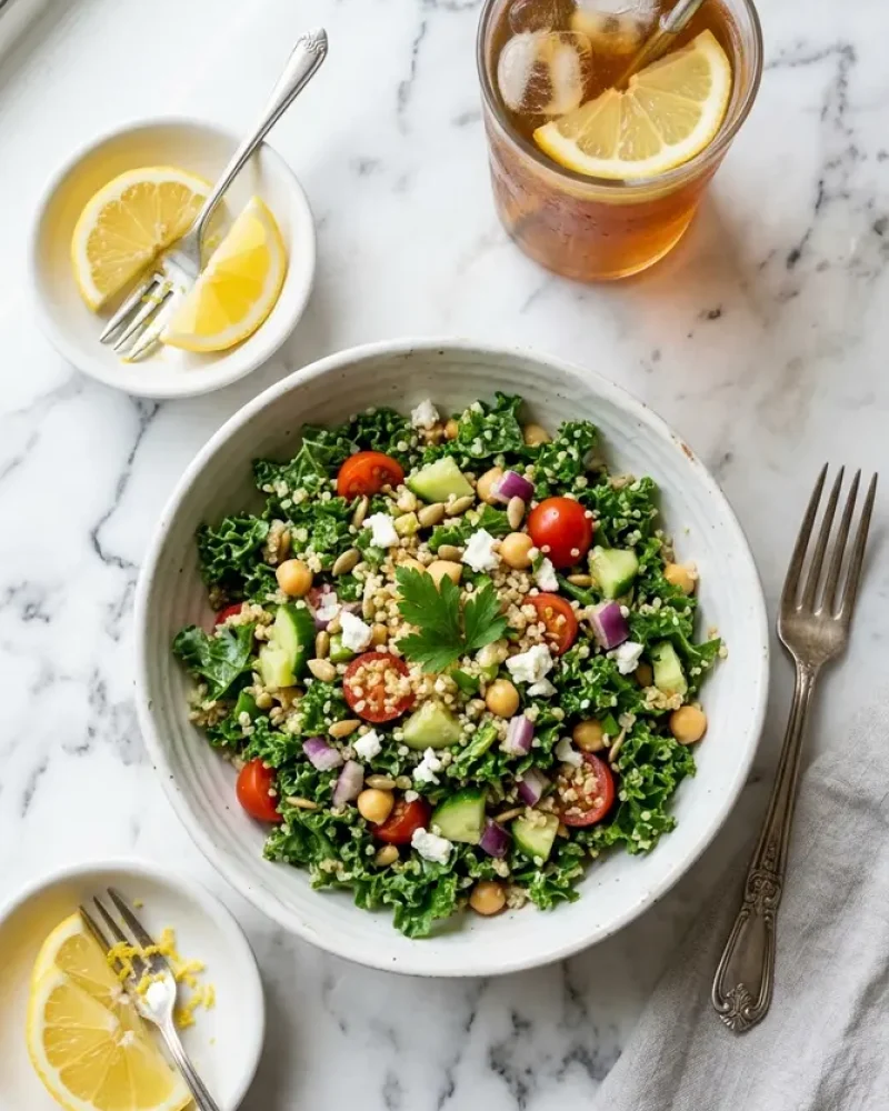 overhead view of kale quinoa salad with lemon dressing and sides
