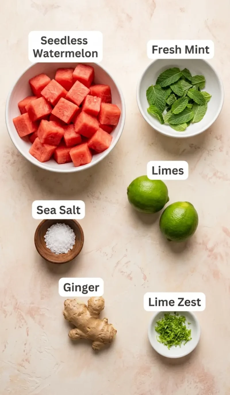 all 6 ingredients for Easy Keto Watermelon Fruit Salad with Lime Mint Dressing arranged on a cream and blush plaster surface, each ingredient named