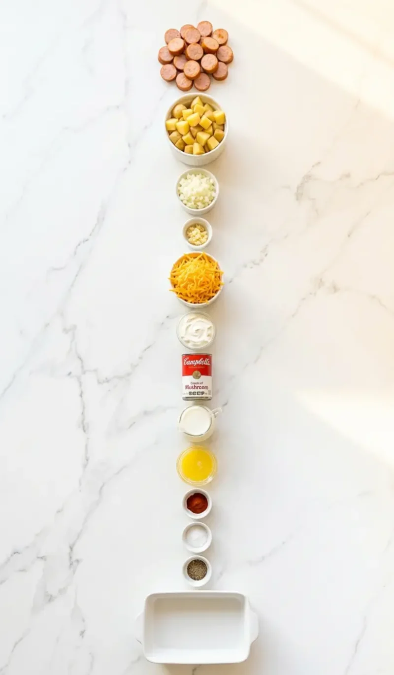 Exploded view of all 13 ingredients for Kielbasa Sausage Cheesy Potato Casserole arranged vertically on white marble