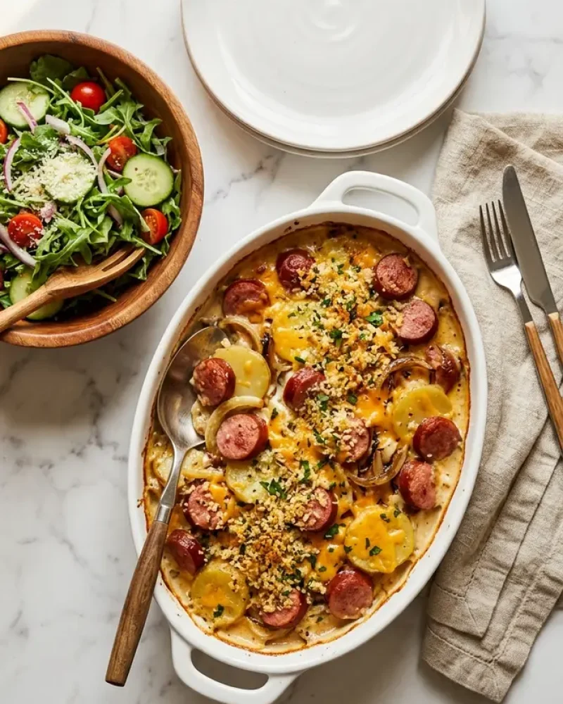 Overhead view of kielbasa sausage cheesy potato casserole with side salad and plates