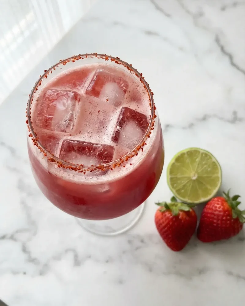 Overhead view of a kimchi mocktail with gochugaru rim and strawberry garnish on white marble