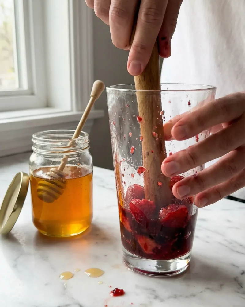 Muddling fresh strawberries in a cocktail shaker to make a kimchi mocktail