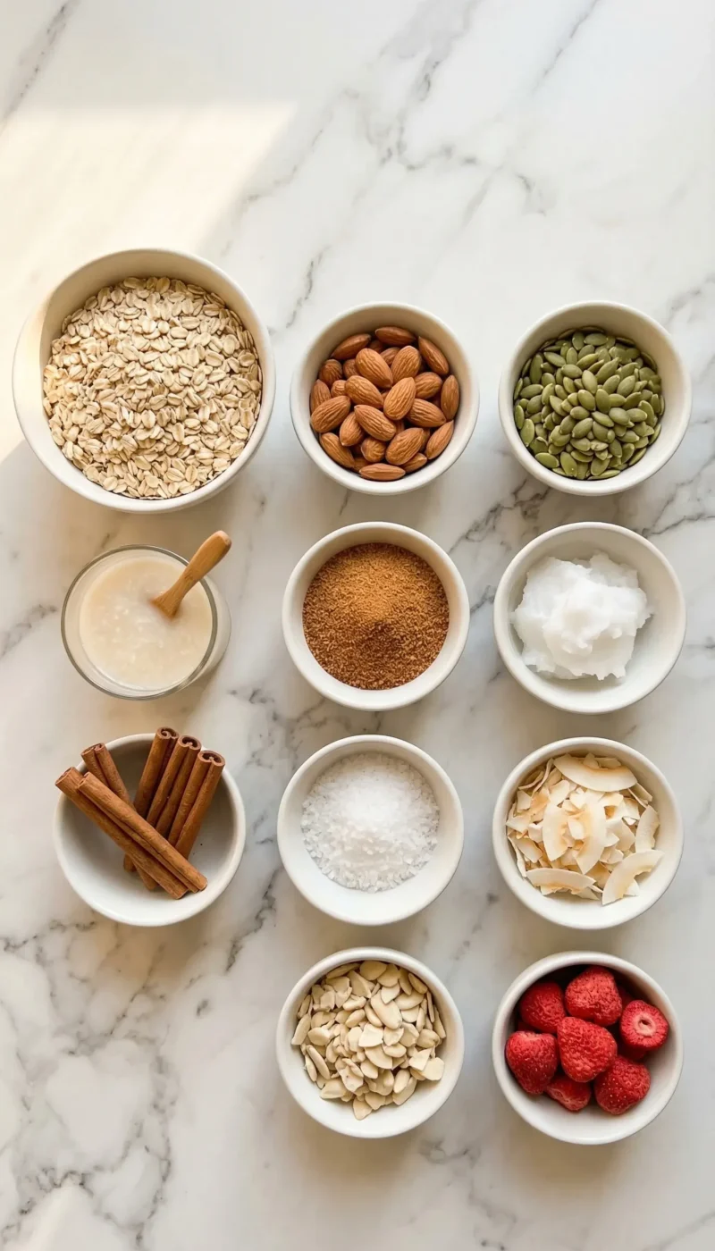 Overhead flatlay of all koji fermented granola ingredients in small white bowls on a white marble surface.
