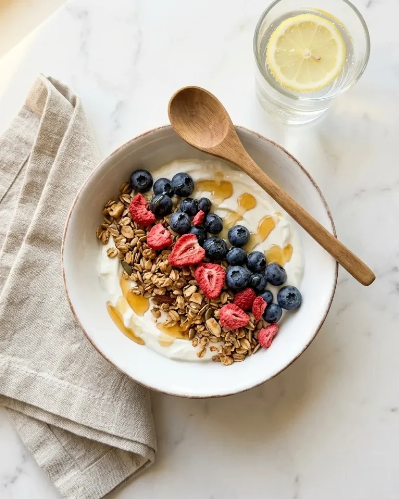 Overhead view of koji fermented granola served over Greek yogurt with fresh blueberries and honey in a white bowl on white marble.