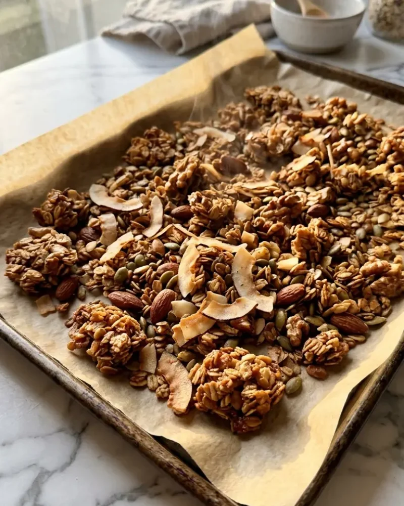 Golden koji fermented granola clusters on a parchment-lined baking sheet fresh from the oven showing toasted oats and coconut.