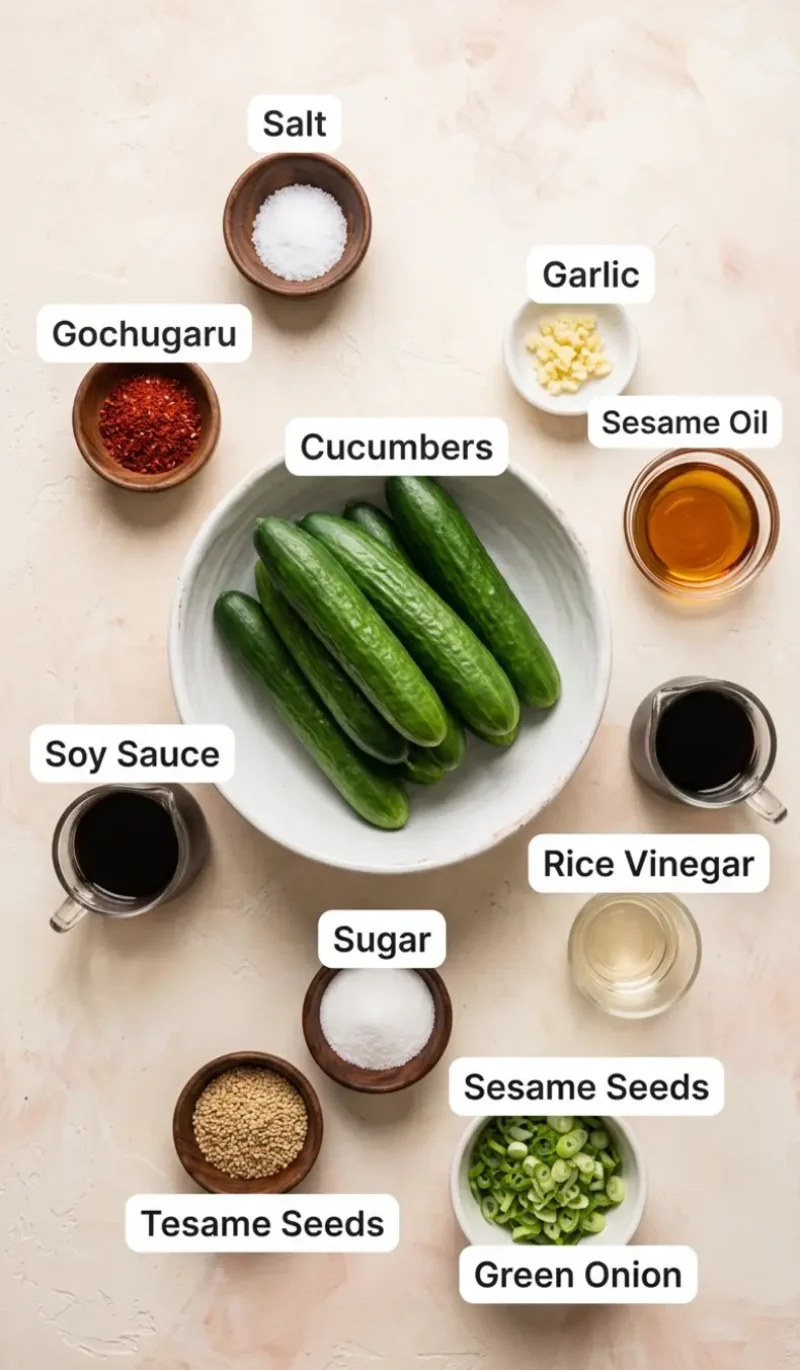 all 10 ingredients for Korean cucumber salad arranged on a cream and blush plaster surface labeled individually