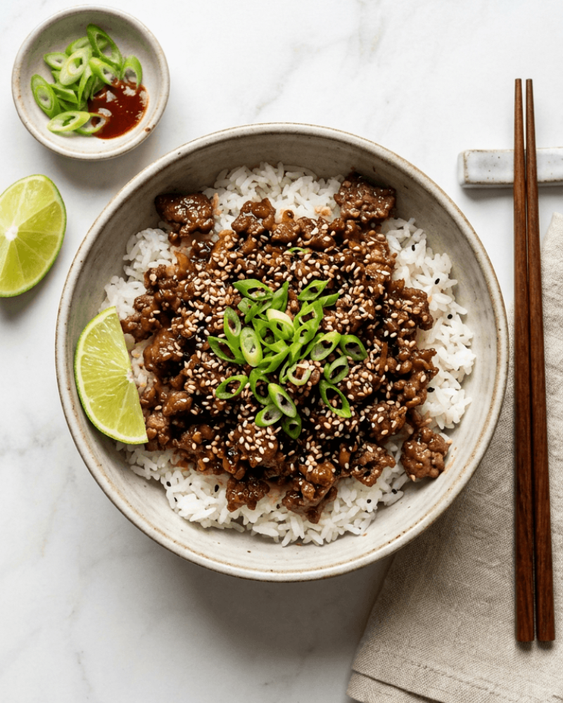 Overhead view of Korean ground beef bowl with rice, toppings, and chopsticks