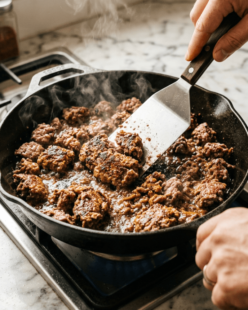 Ground beef sizzling and browning in skillet during preparation